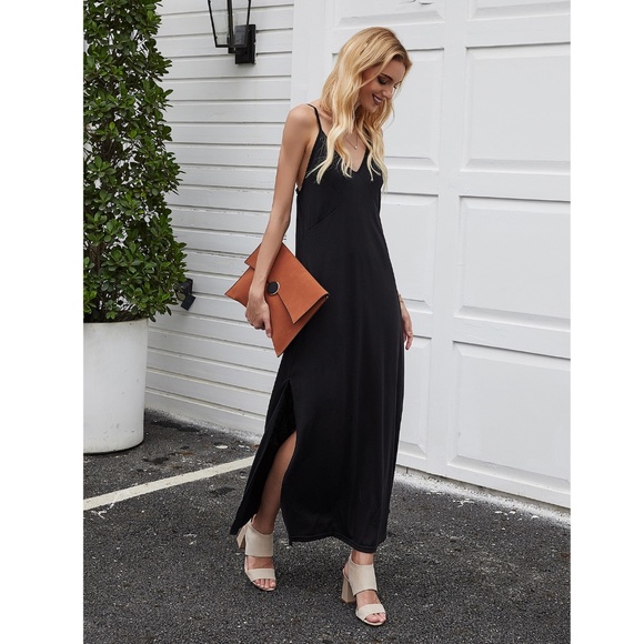 Rouge! | Dresses | Black Cami Slip Casual Maxi Dress W Slits | Poshmark